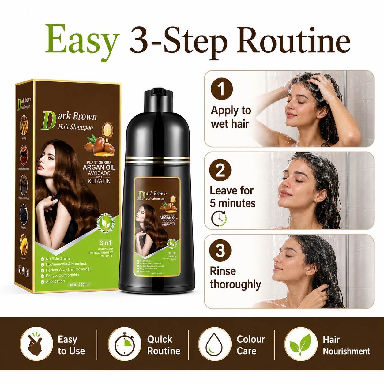 3-in-1 Plant Hair Color Shampoo Dark Brown