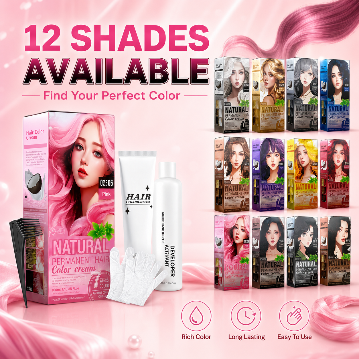 12 Shades Natural Permanent Hair Color Cream Kit