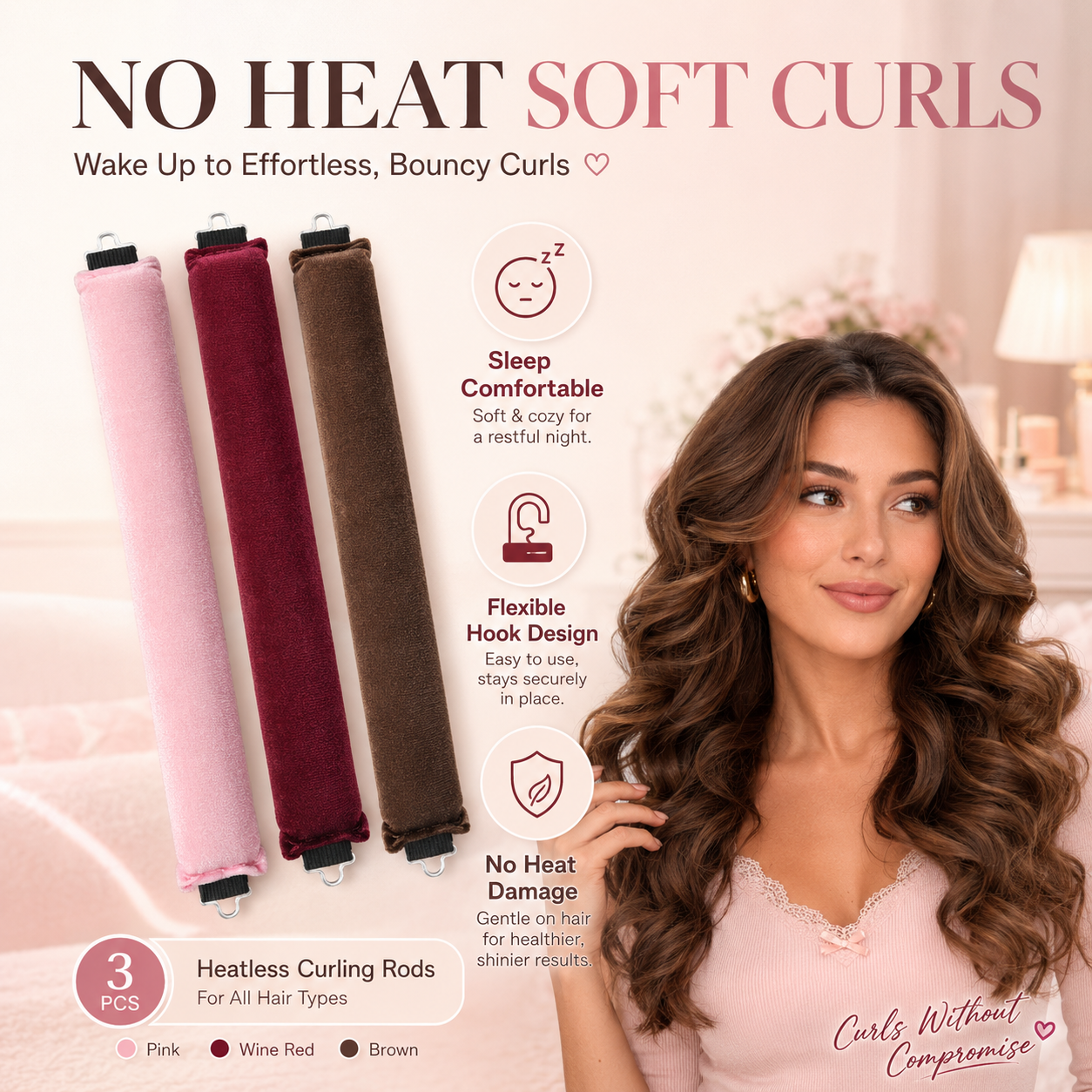 3 Pack Velvet Heatless Curling Rods No Heat Damage