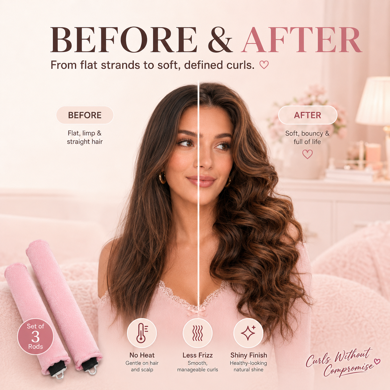 3 Pack Velvet Heatless Curling Rods No Heat Damage