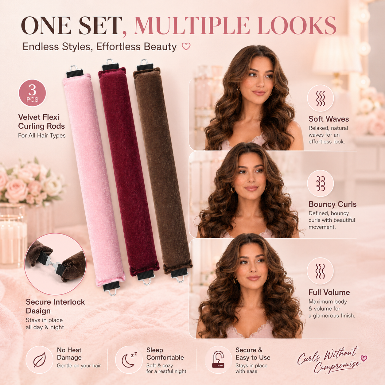 3 Pack Velvet Heatless Curling Rods No Heat Damage