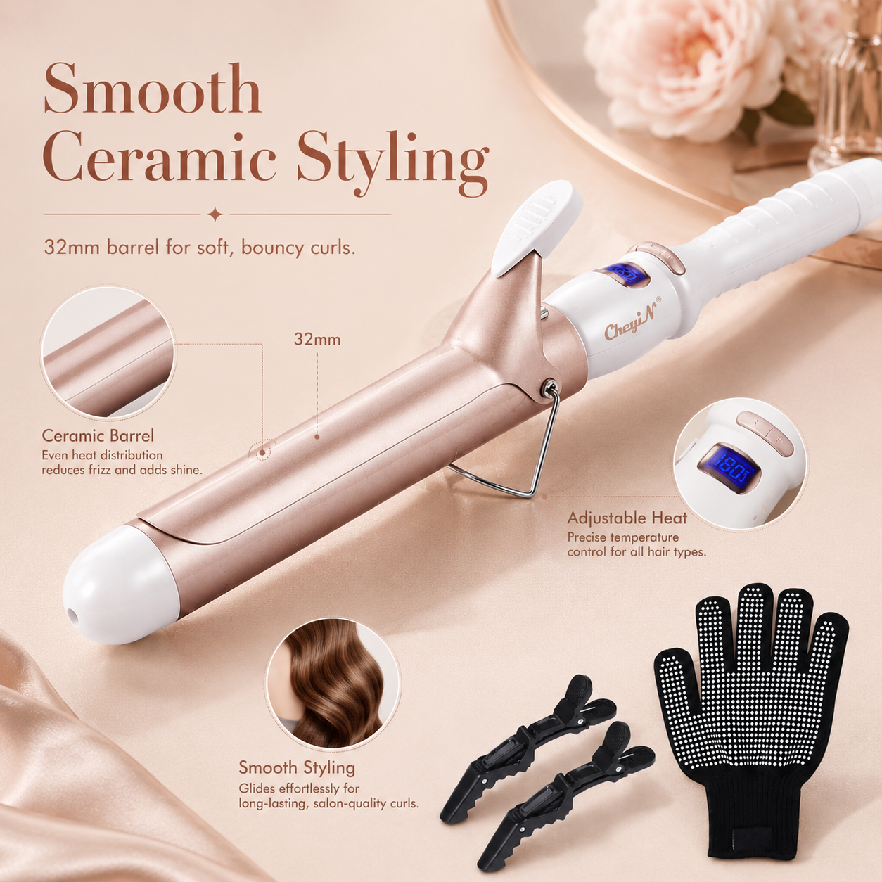 32mm Ceramic Adjustable Temperature Hair Curling Iron Set