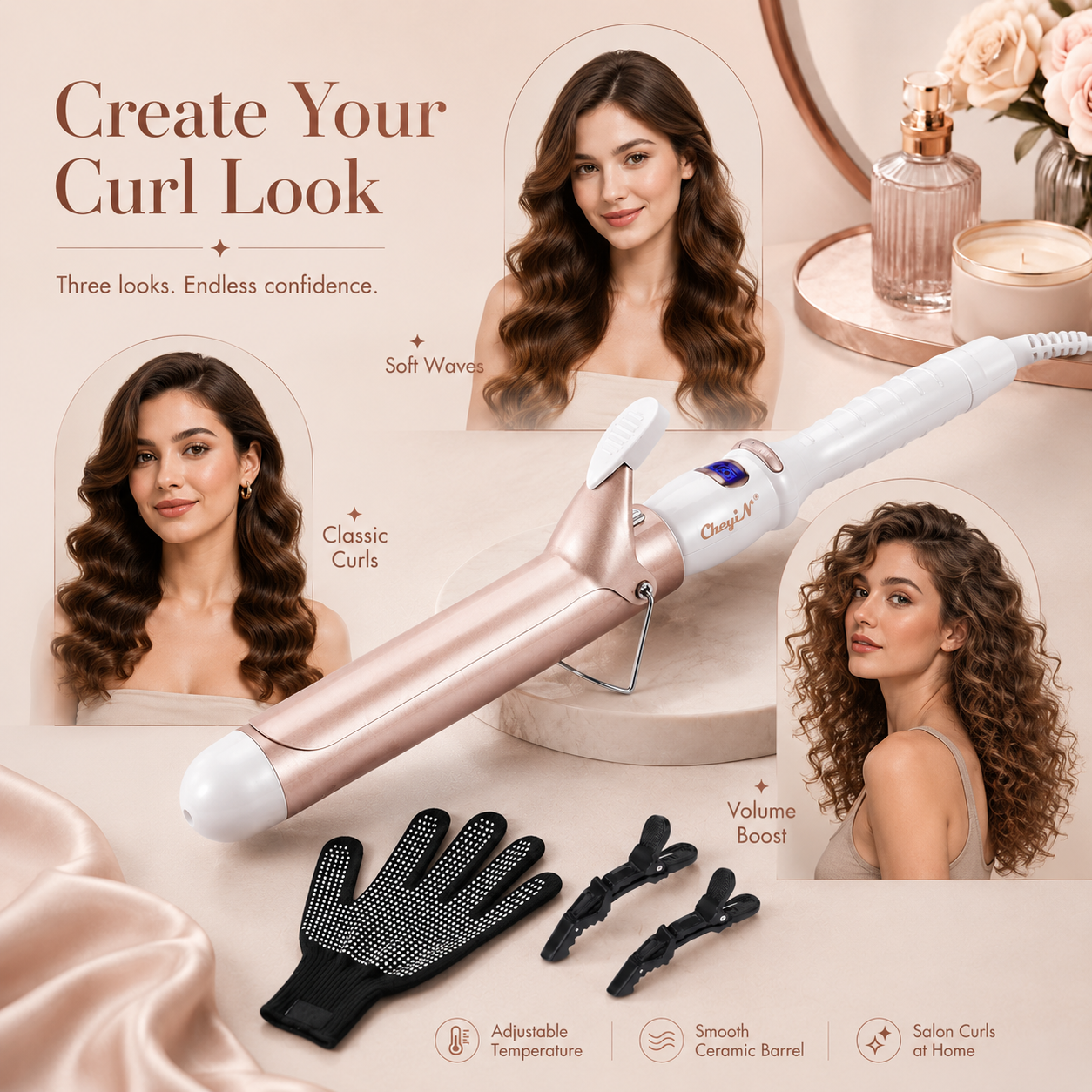 32mm Ceramic Adjustable Temperature Hair Curling Iron Set