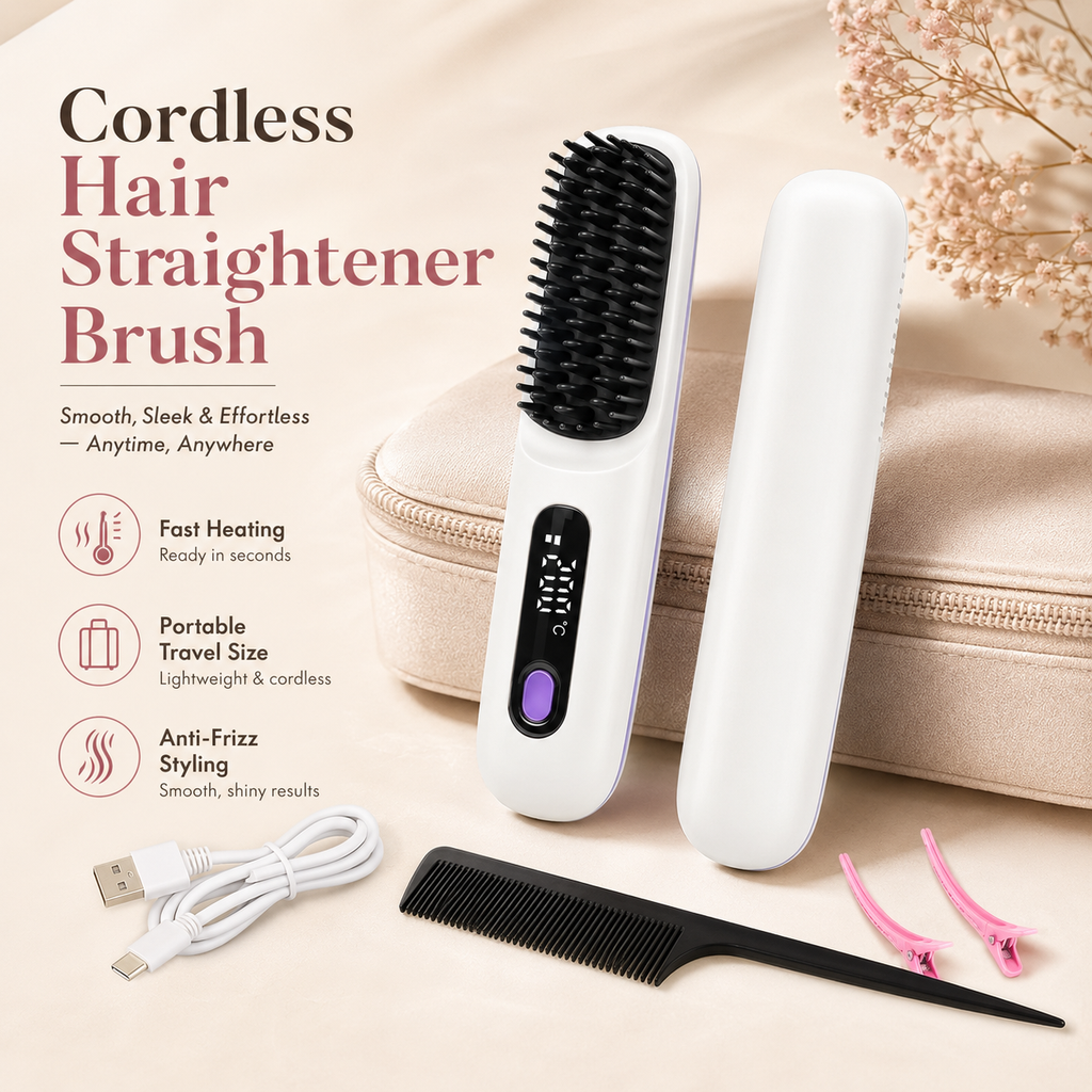 Cordless USB Rechargeable Travel Hair Straightener Brush