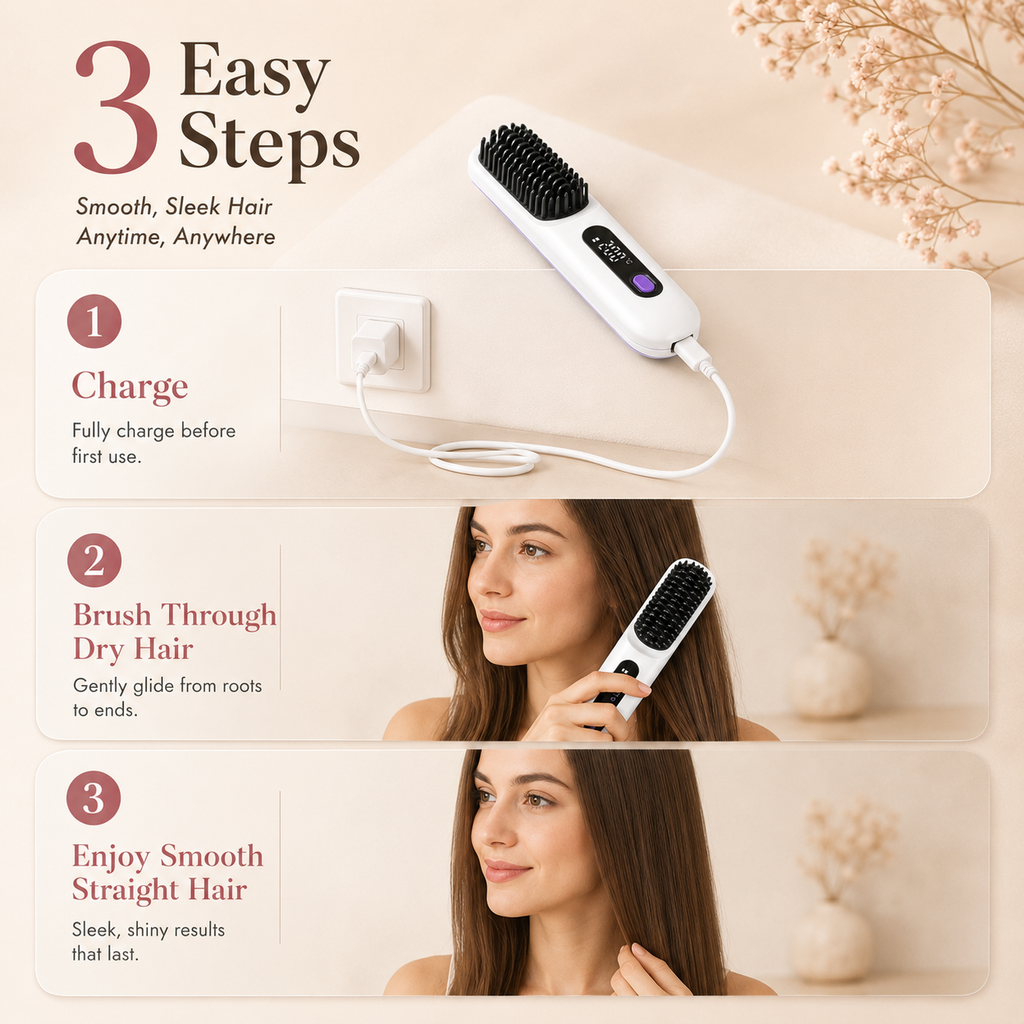 Cordless USB Rechargeable Travel Hair Straightener Brush