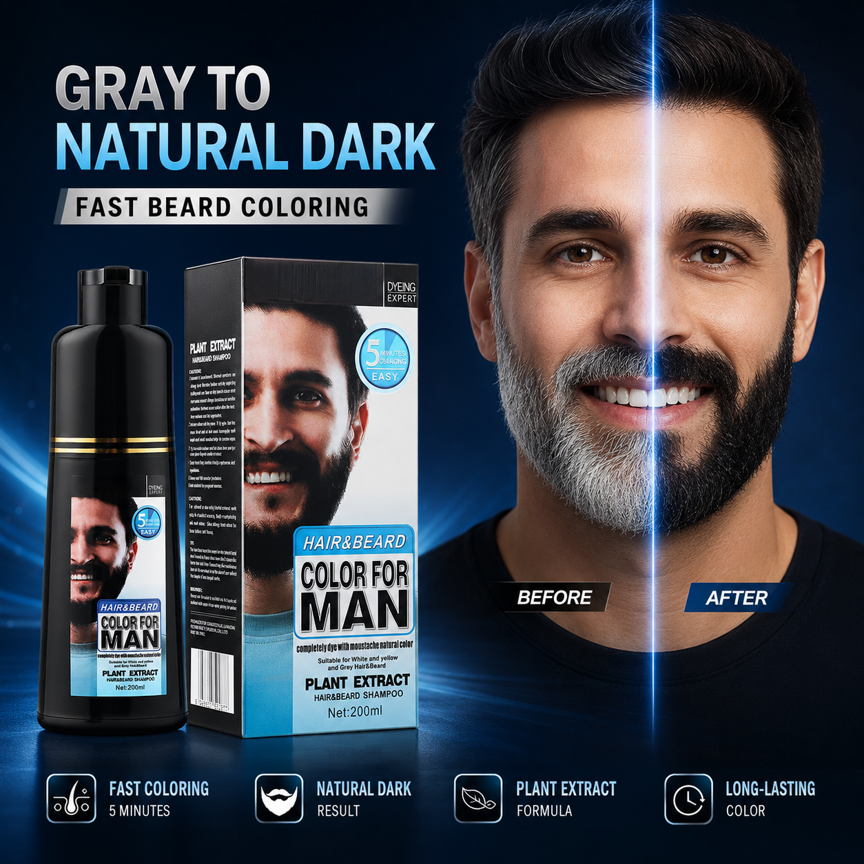 Plant Extract Men Hair & Beard Color Shampoo 200ml