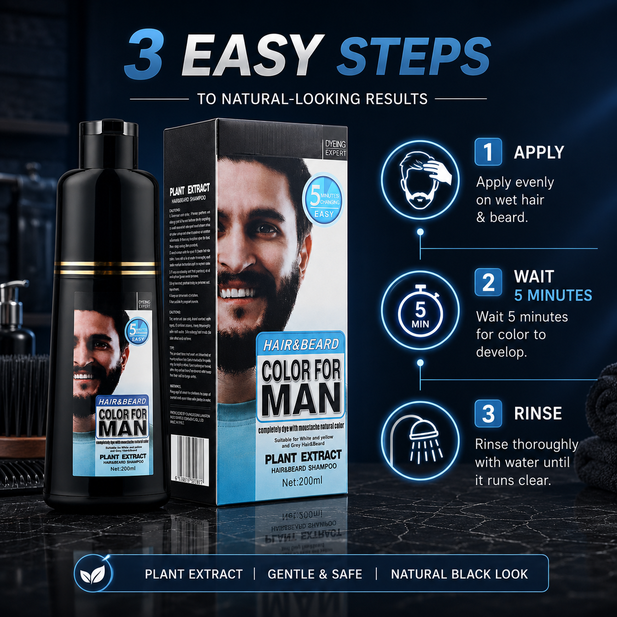 Plant Extract Men Hair & Beard Color Shampoo 200ml