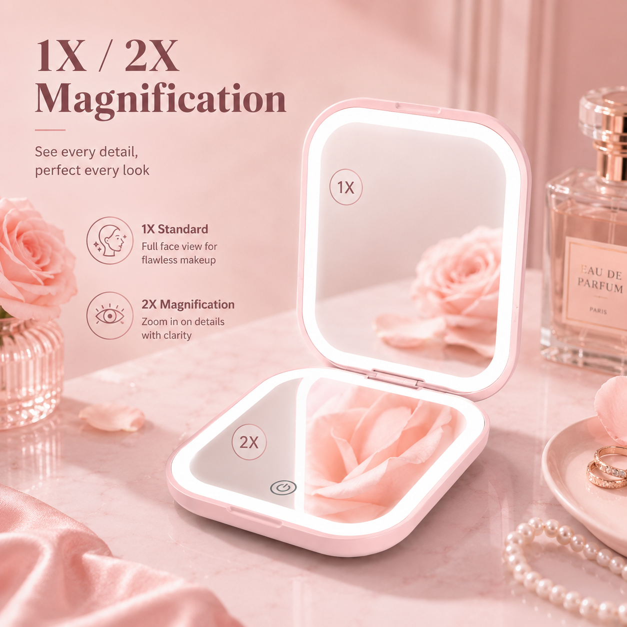 1X/2X Double Sided LED Light Compact Makeup Mirror