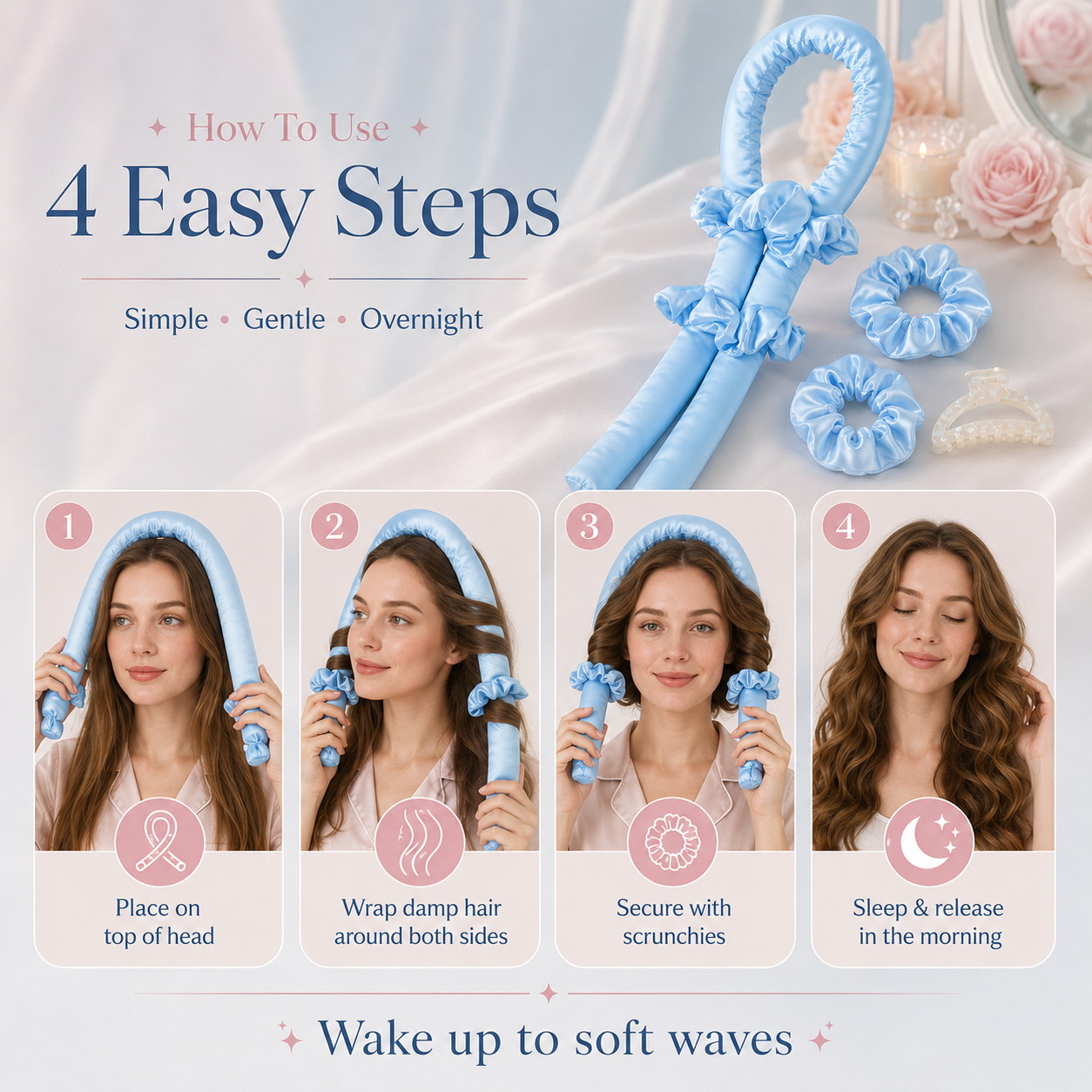 Set de diadema rizadora de satén sin calor, espuma suave, para cabello sin calor