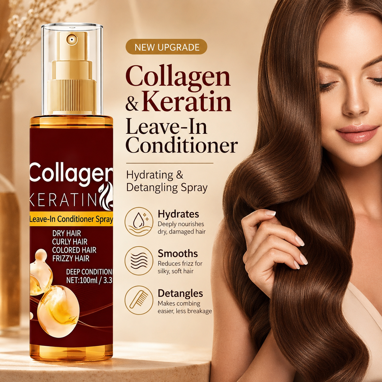 Acondicionador en espray sin enjuague con colágeno y queratina mejorados