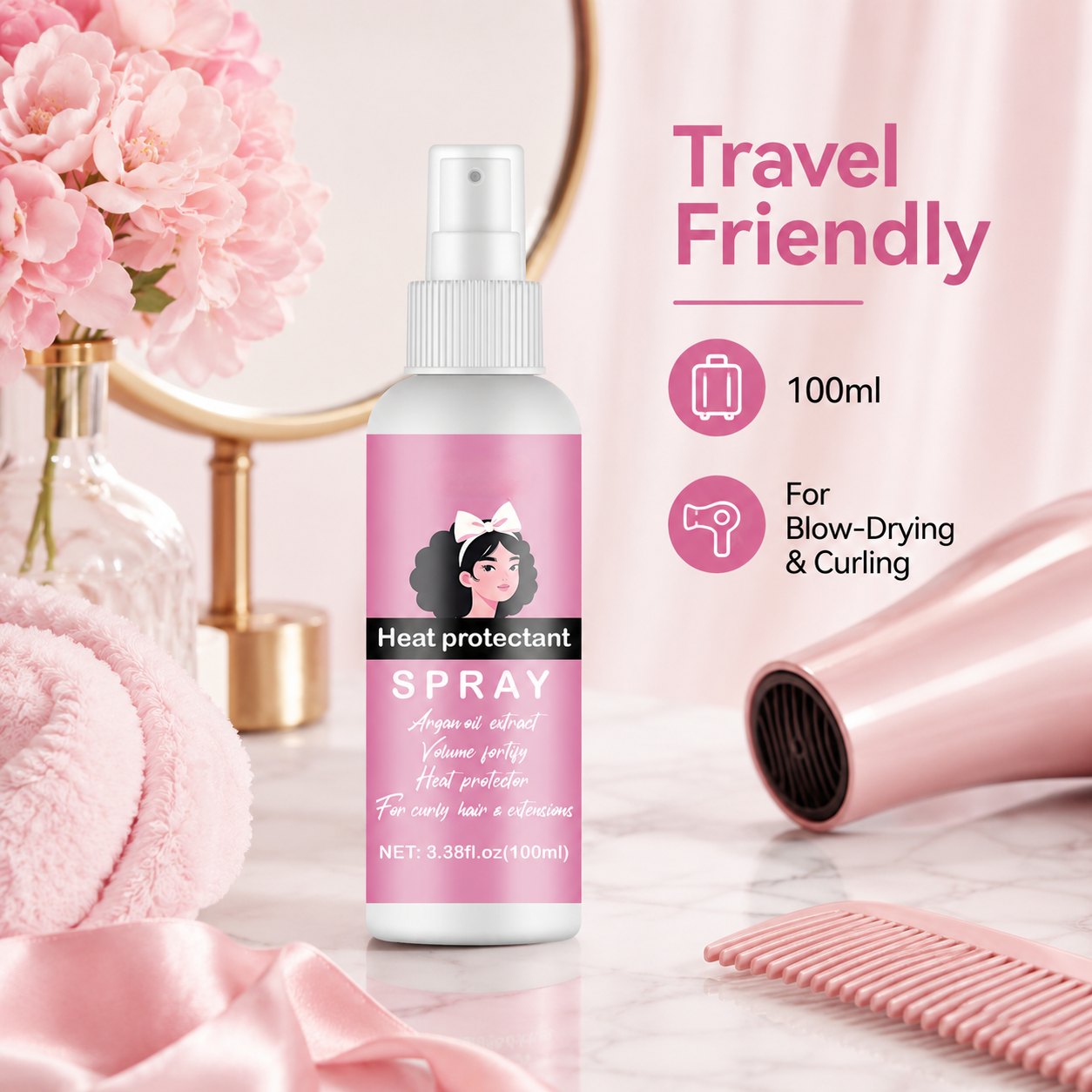 Spray Protector Térmico para el Cabello, Previene el Daño por Calor en Cabello Rizado y Extensiones