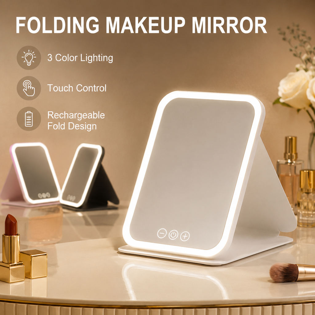 Espejo de maquillaje plegable con luz LED, 3 colores regulables