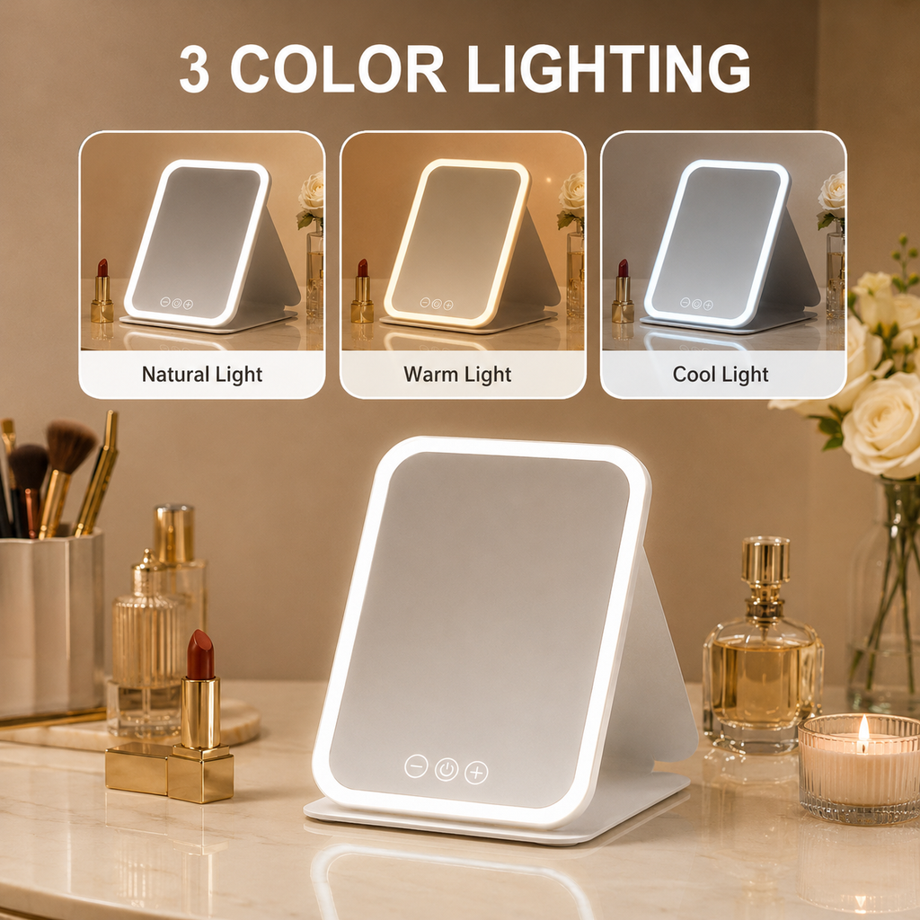 Espejo de maquillaje plegable con luz LED, 3 colores regulables
