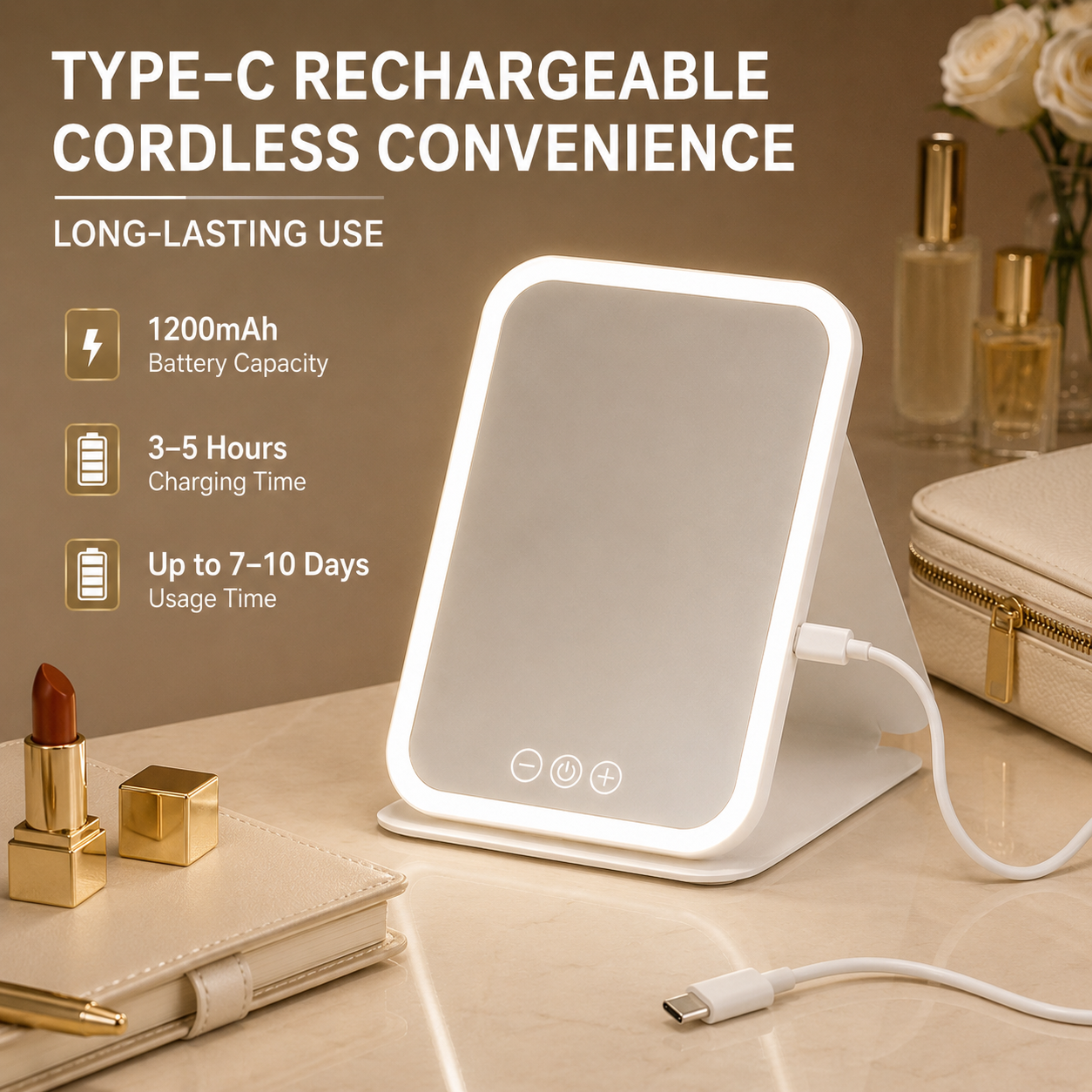 Espejo de maquillaje plegable con luz LED, 3 colores regulables