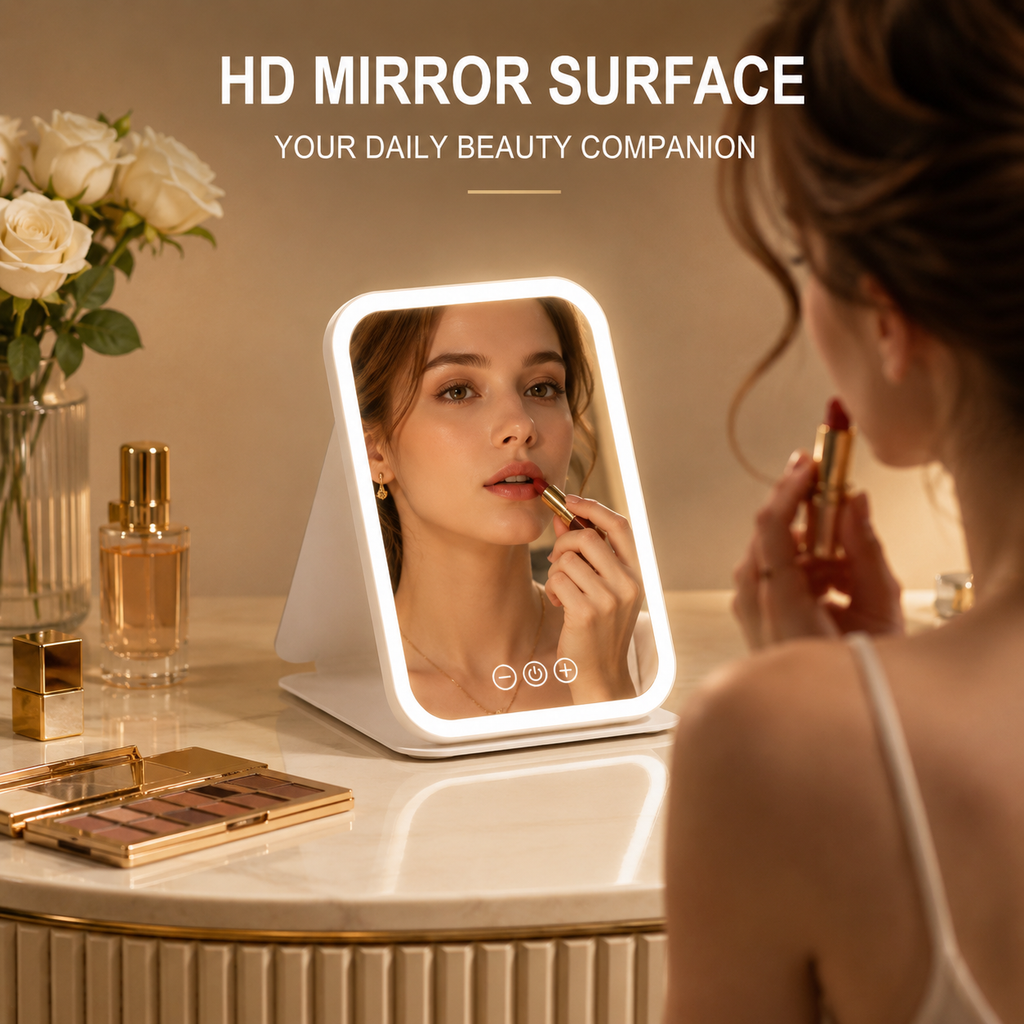 Espejo de maquillaje plegable con luz LED, 3 colores regulables