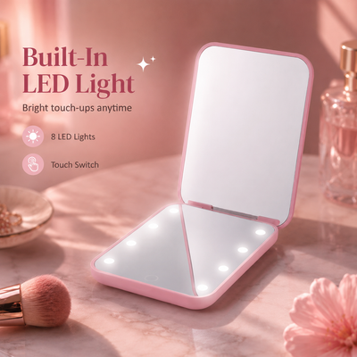 Espejo de Maquillaje de Viaje Plegable de Doble Cara con LED