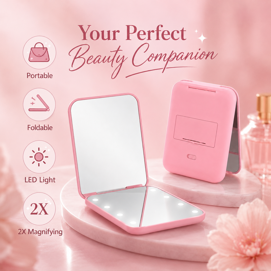 LED Foldable Double Sided Travel Makeup Mirror